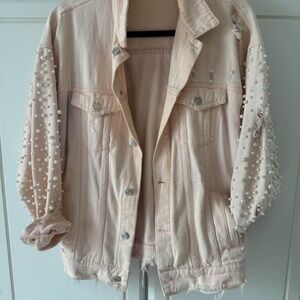 Pearl Embellished Pink Denim Jacket